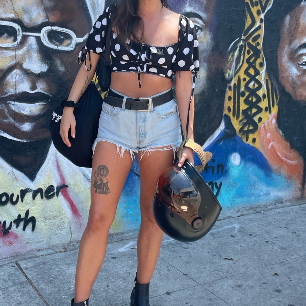 Black and white polka dot off the shoulder crop top